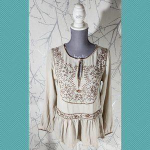 Beautiful Stories Ivory Boho Embroidered Peplum Blouse